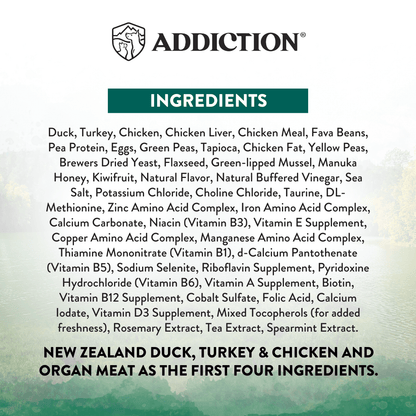 Ingredients list for a pet food product with 'Addiction' branding on a white background.