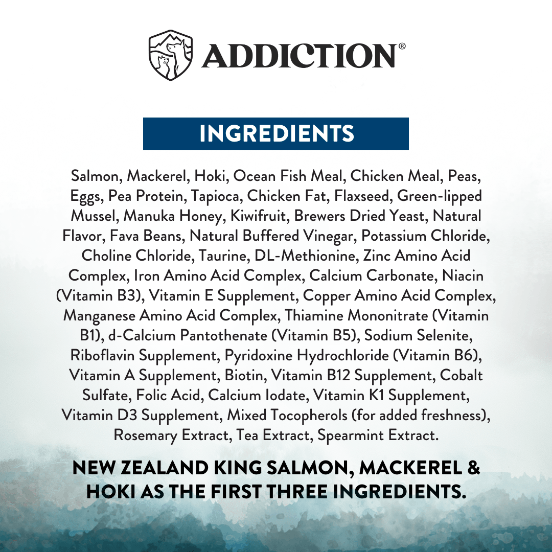 Ingredients list for a pet food product with 'Addiction' brand logo.