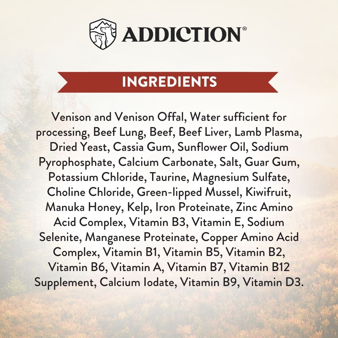 List of ingredients for a product labeled 'ADDICTION' on a textured beige background.