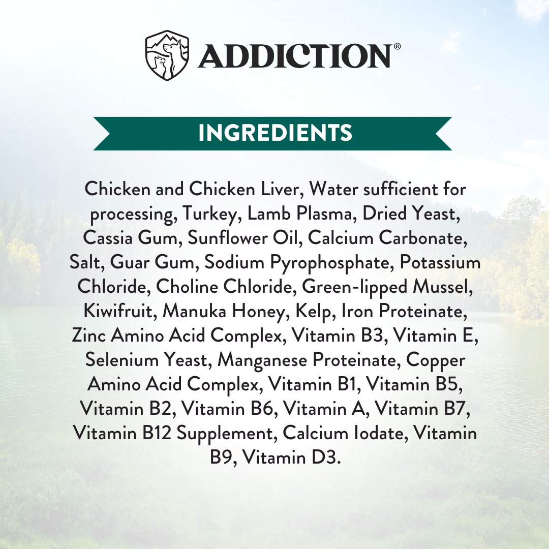 List of ingredients for a product with 'ADDICTION' branding on a light background.