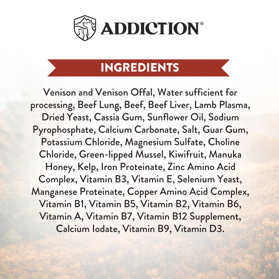 List of ingredients for a product labeled 'ADDICTION' on a textured beige background.