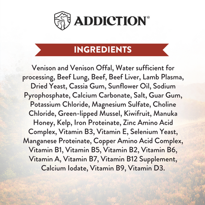 List of ingredients for a product labeled 'ADDICTION' on a textured beige background.