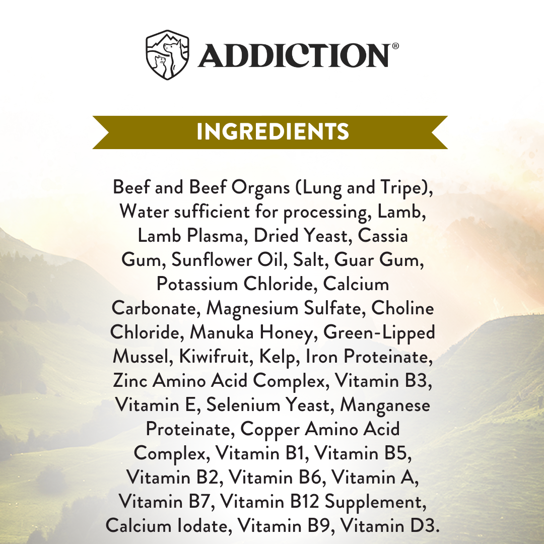 List of ingredients for a product with 'Addiction' branding on a white background.