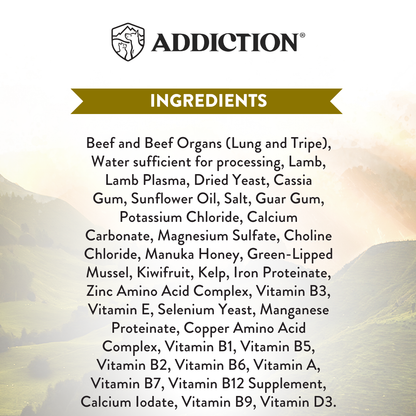 List of ingredients for a product with 'Addiction' branding on a white background.
