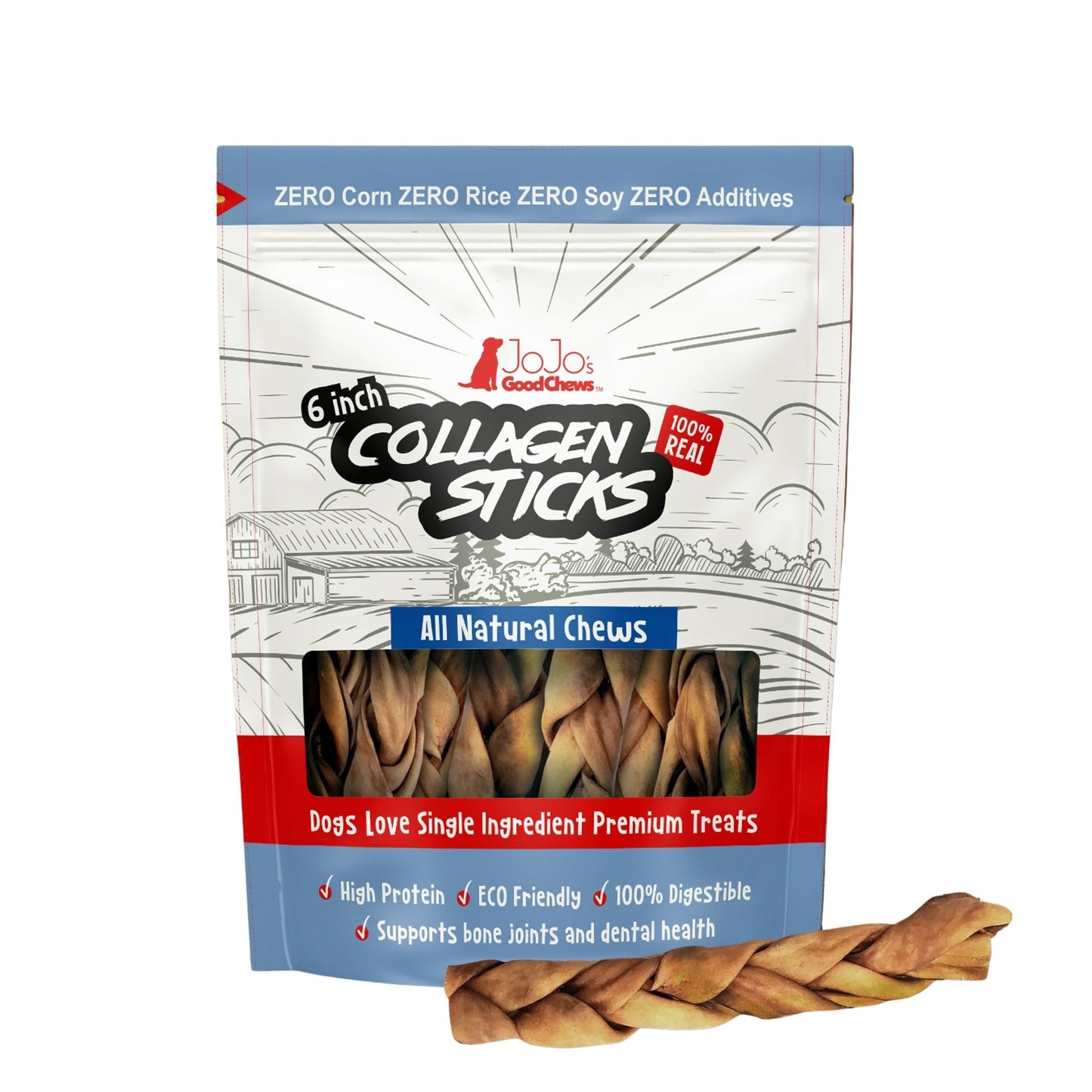 Four 6 inch braided collagen sticks arranged to show the contents of the pack