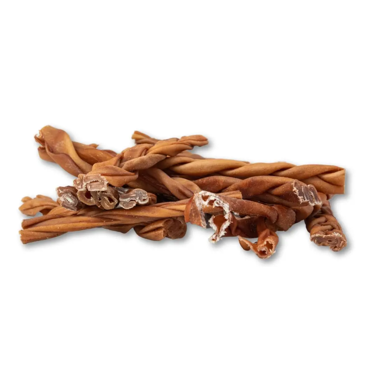 Close up of the braid and roasted texture on a small collagen dog chew