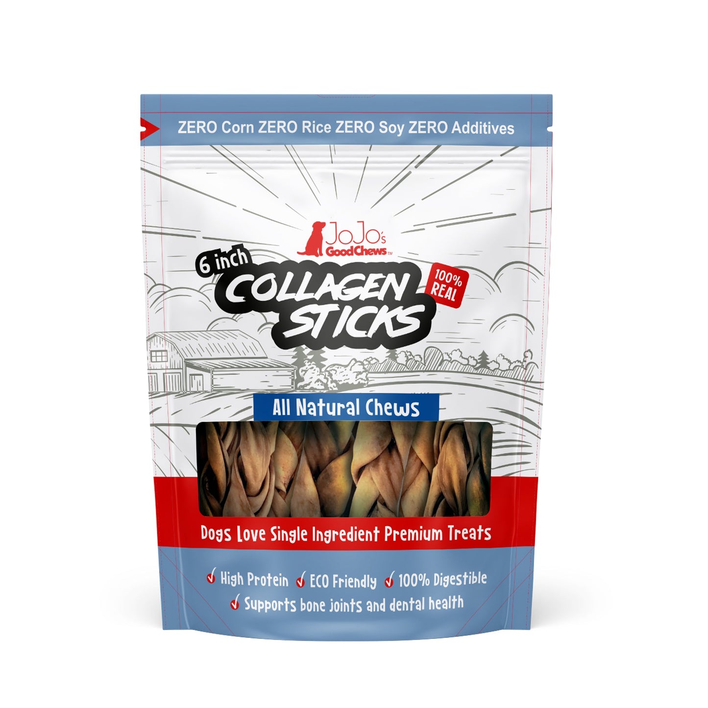Braided collagen sticks for dogs, 4 pack of 6 inch single ingredient beef dermis chews