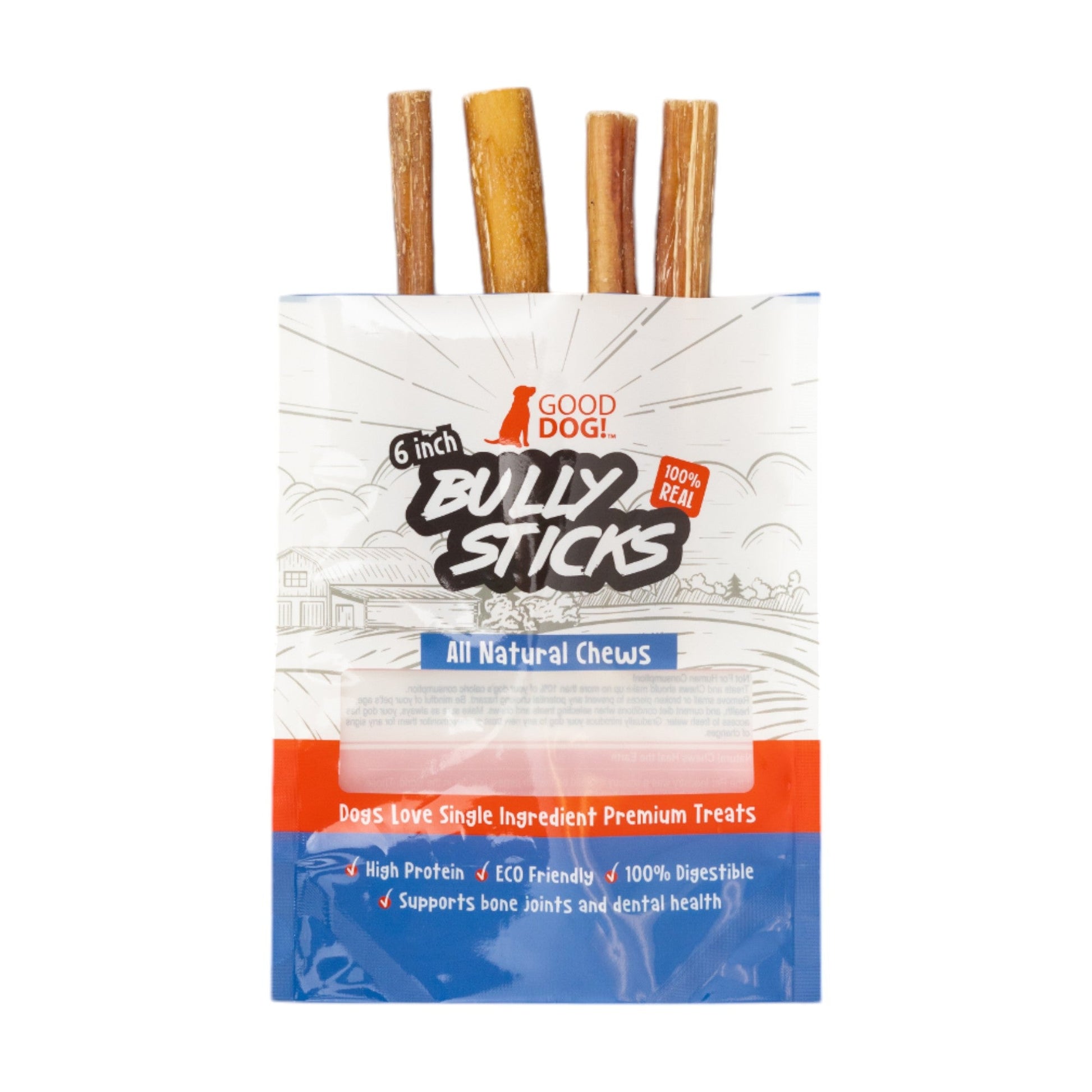 Four 6 inch standard bully sticks arranged together to show the pack contents