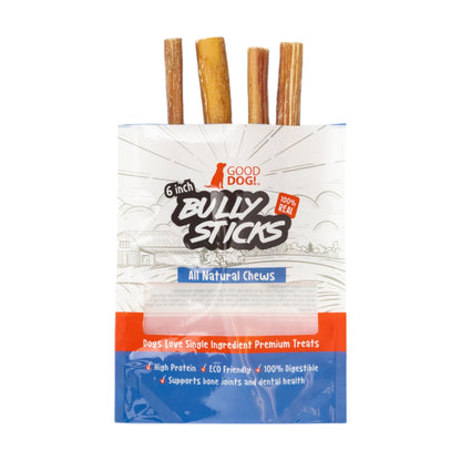 Four 6 inch standard bully sticks arranged together to show the pack contents