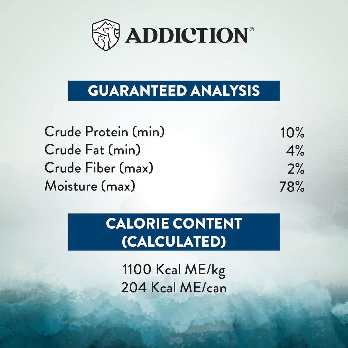 Nutritional analysis label for a product with 'Addiction' branding on a blue and gray gradient background.