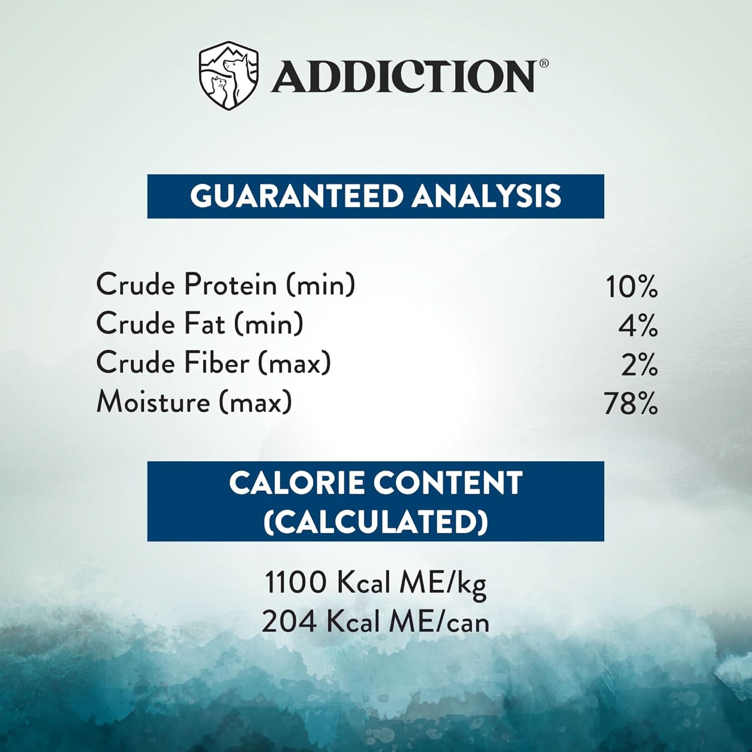 Nutritional analysis label for a product with 'Addiction' branding on a blue and gray gradient background.