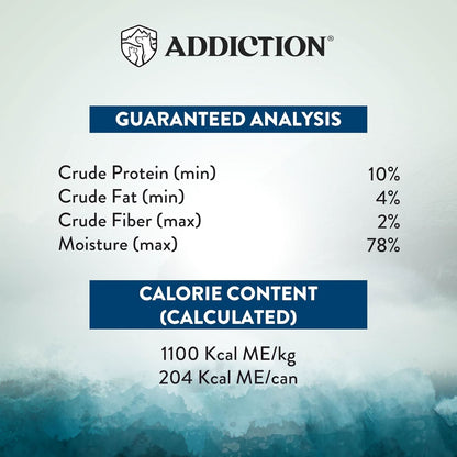 Nutritional analysis label for a product with 'Addiction' branding on a blue and gray gradient background.