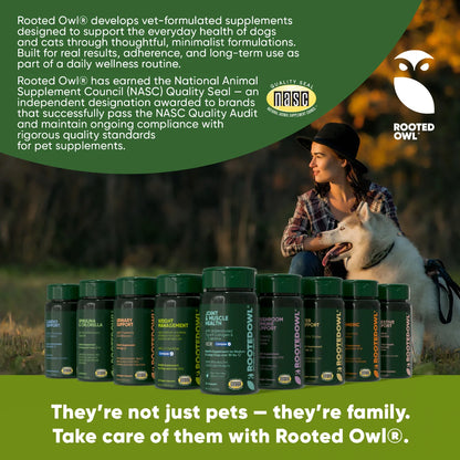 Rooted Owl pet supplement bottles with a woman and dog in a natural setting, featuring the NASC Quality Seal.