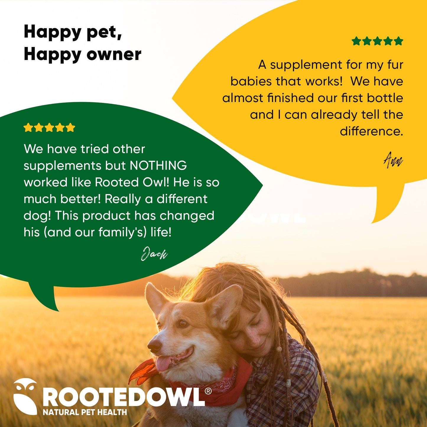 Person hugging a dog with text about Rooted Owl supplement in a field, featuring the Rooted Owl logo.