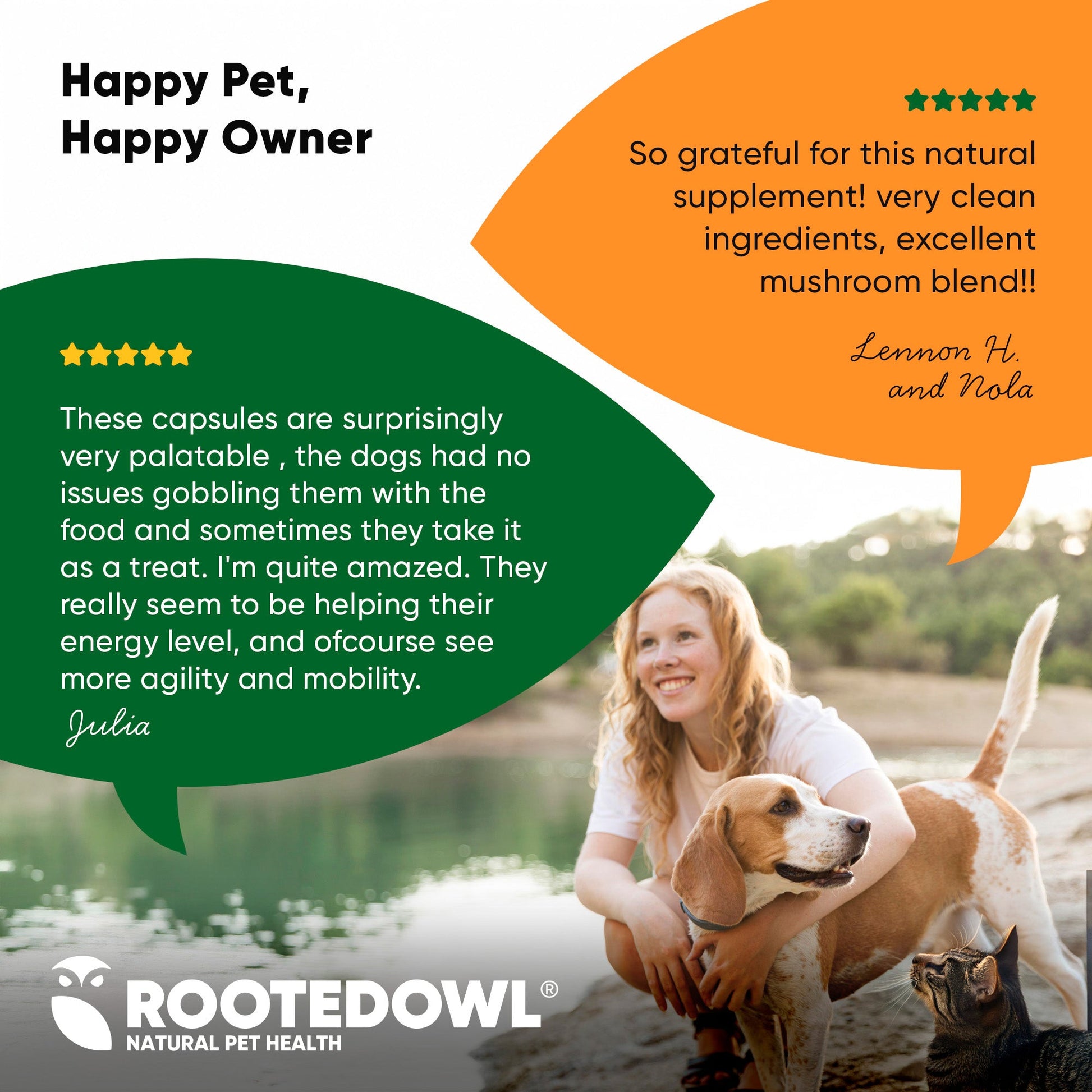 Woman with dog by a lake, promotional text for Rooted Owl natural pet health supplement.