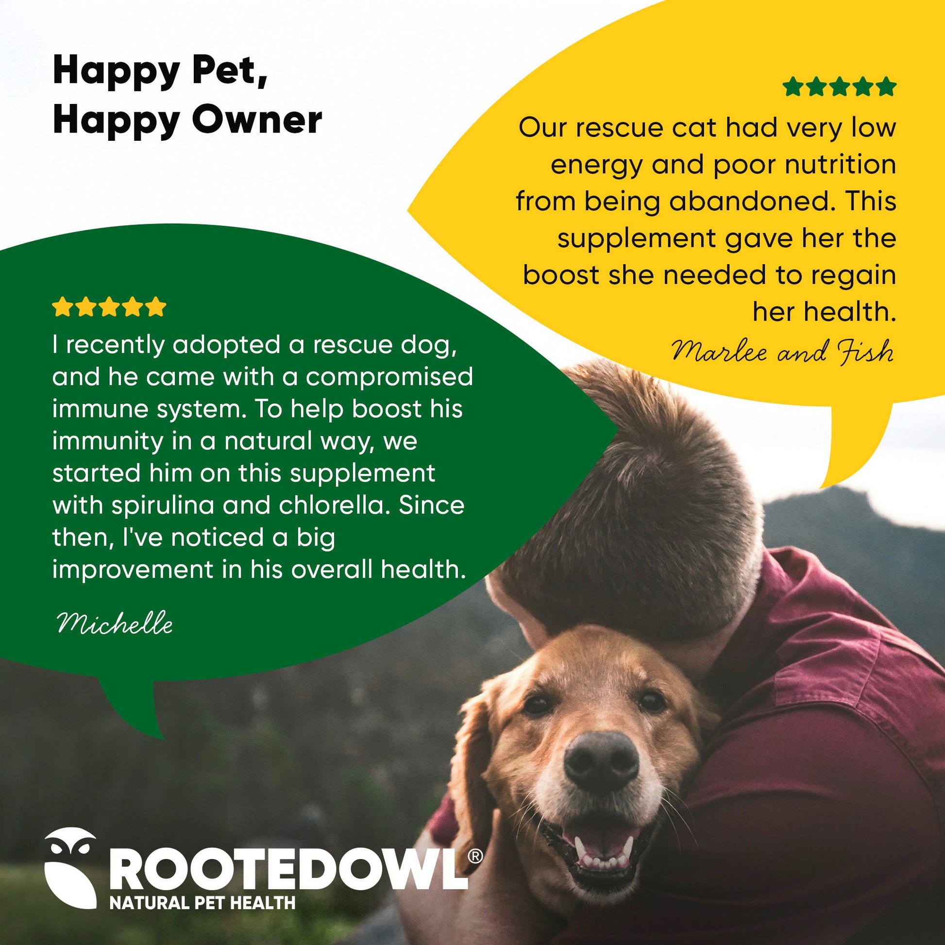 Person holding a dog with text about pet health and Rooted Owl supplement branding.