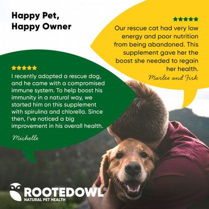 Person holding a dog with text about pet health and Rooted Owl supplement branding.