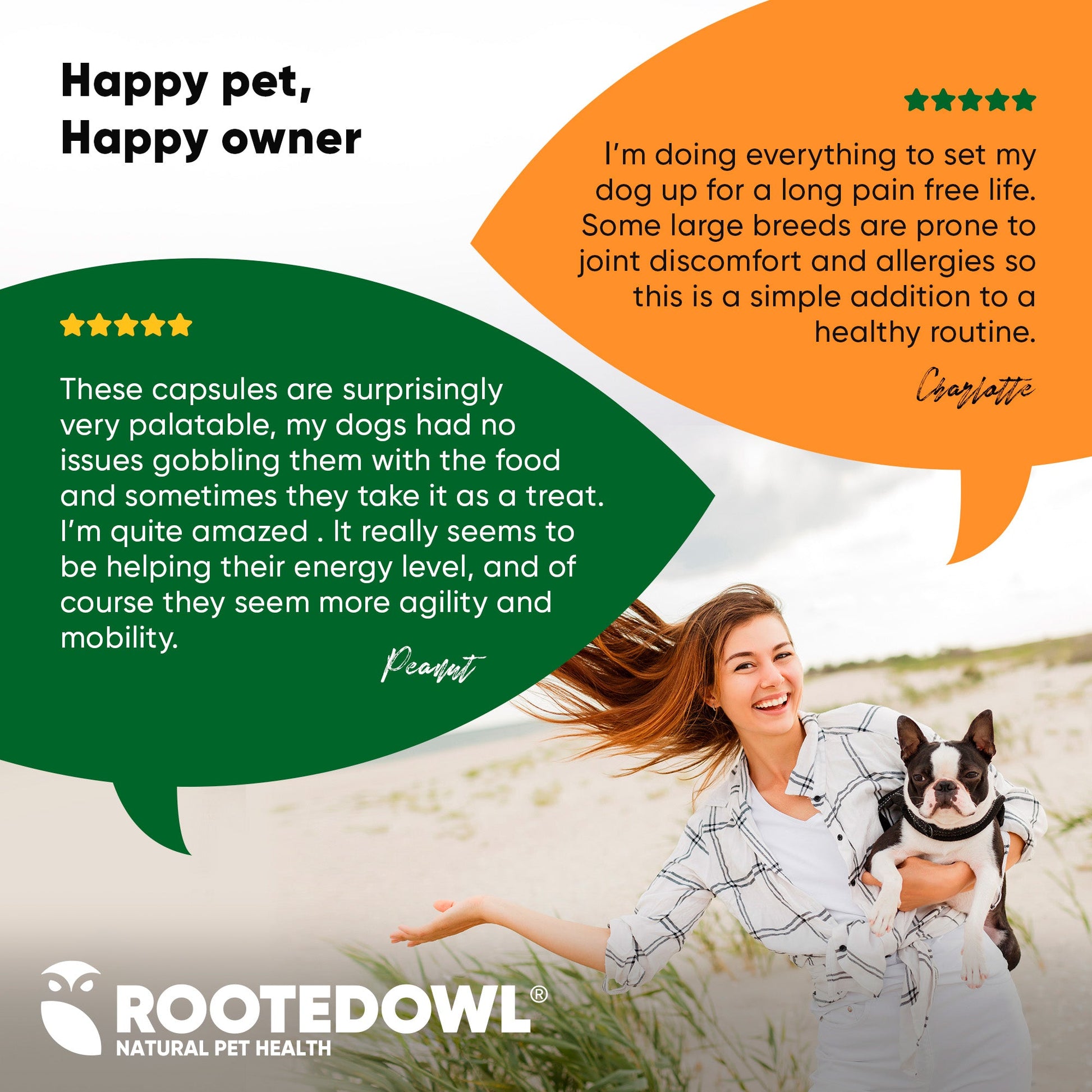 Woman holding a dog with text about pet health and Rootedowl brand.