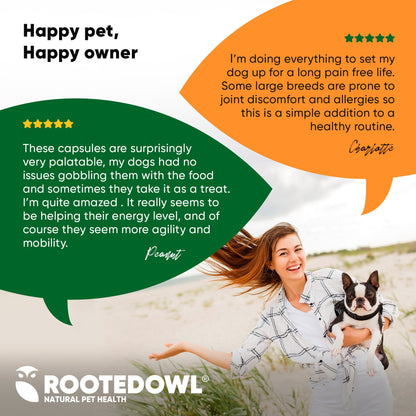 Woman holding a dog with text about pet health and Rootedowl brand.