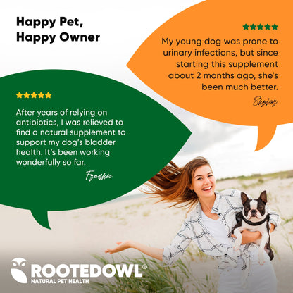 Woman holding a dog with text about natural pet health supplement and Rooted Owl brand.