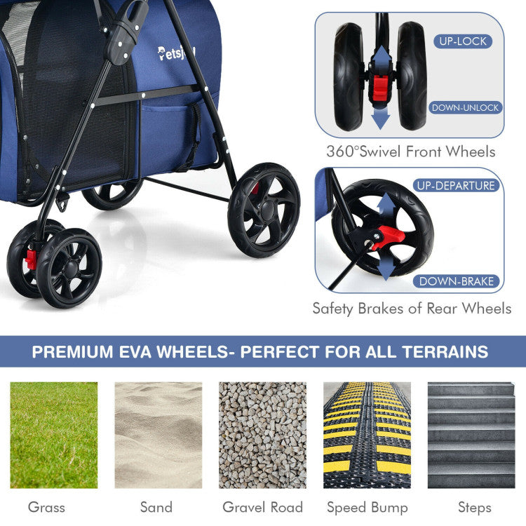 Pet stroller with highlighted wheels and safety features on a white background