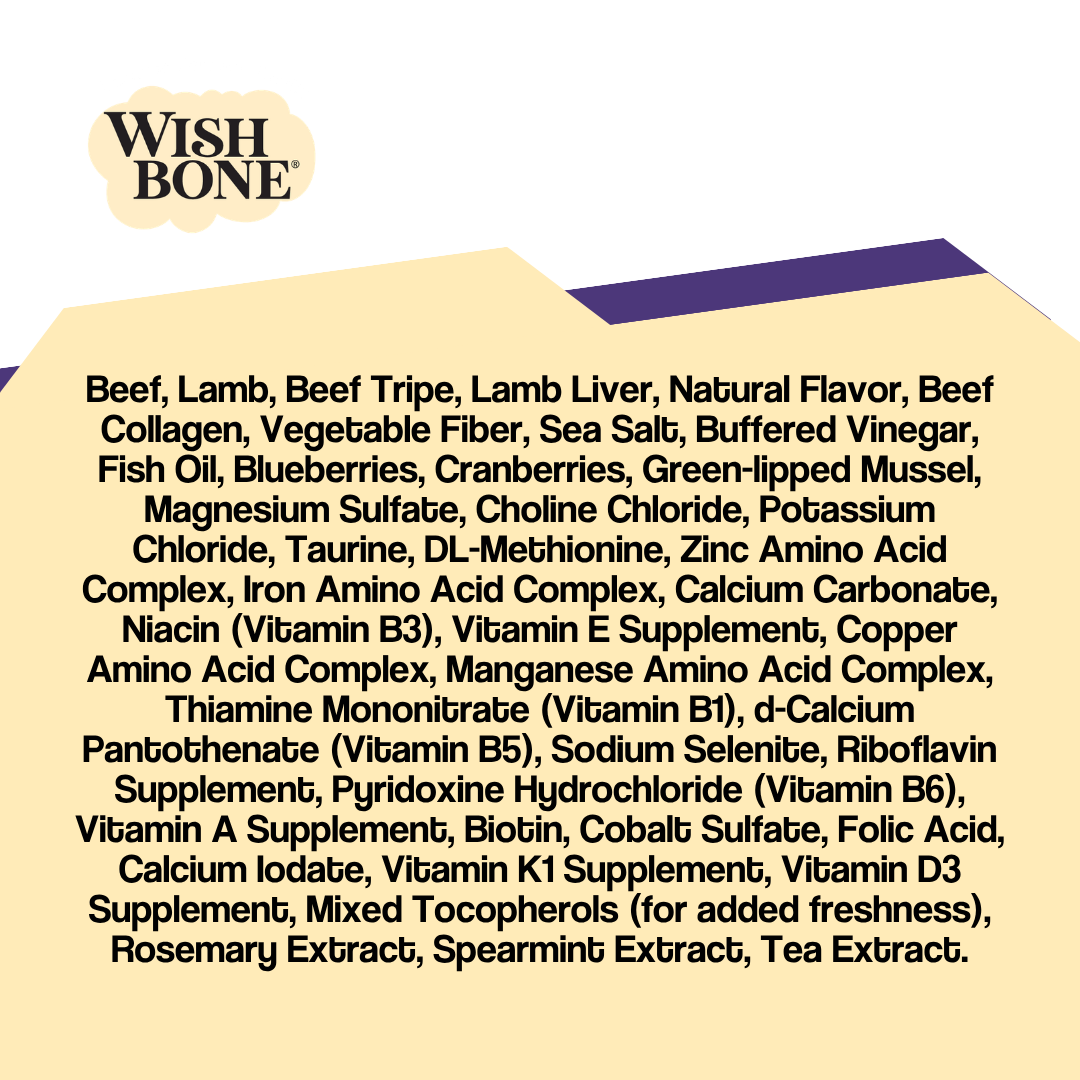 List of ingredients on a yellow background with 'Wish Bone' branding.