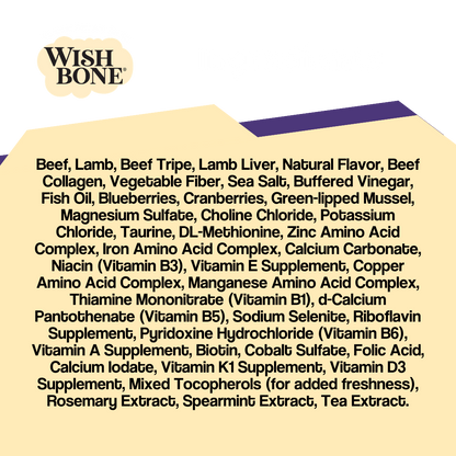 List of ingredients on a yellow background with 'Wish Bone' branding.