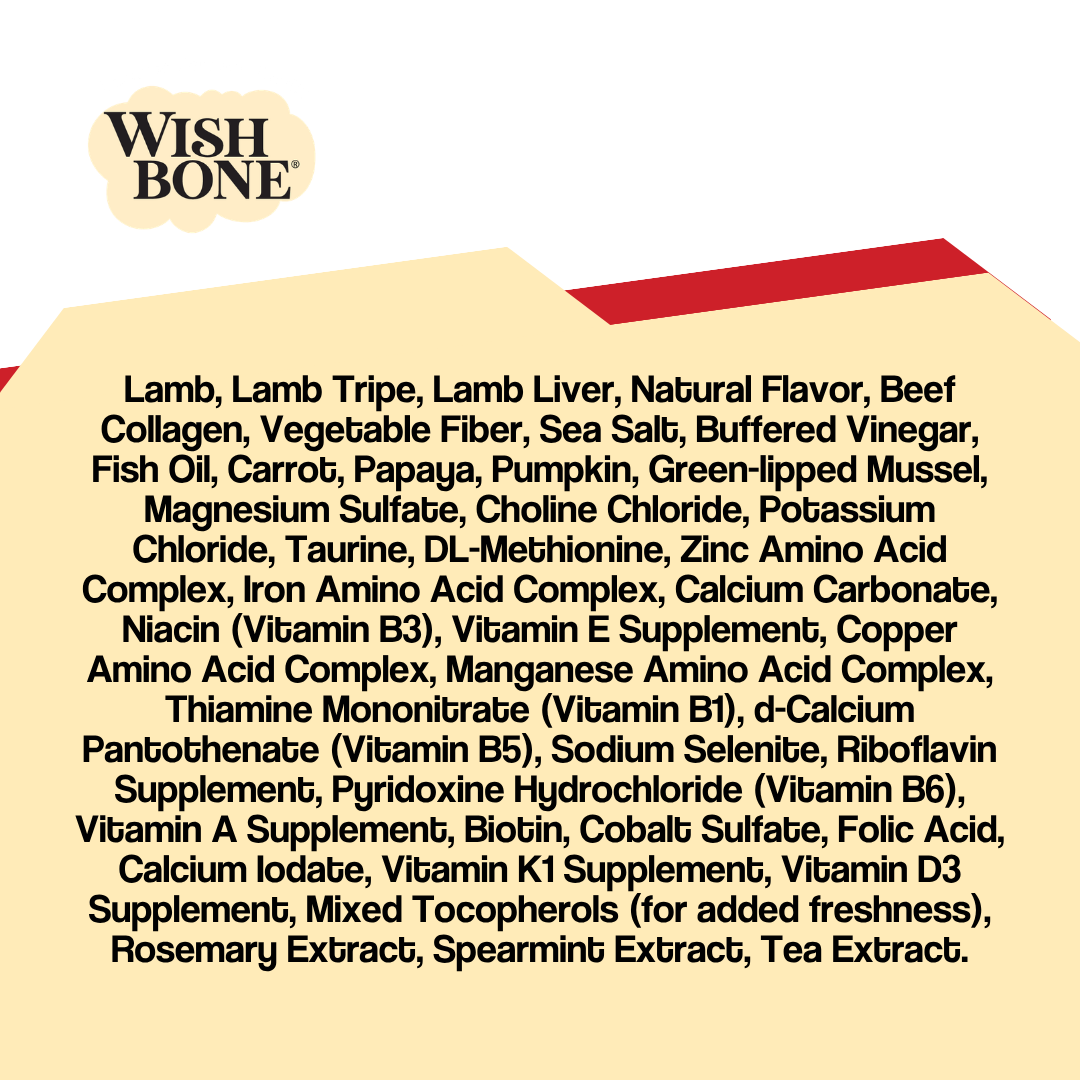 List of ingredients for Wish Bone product on a beige background