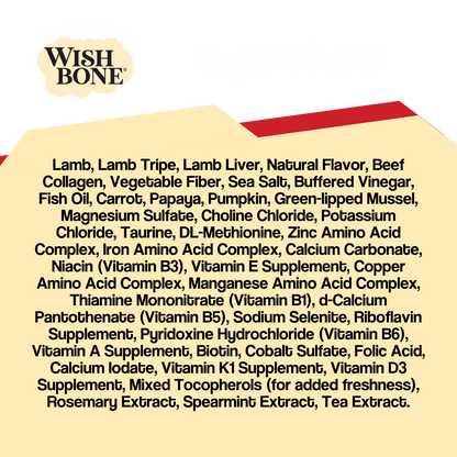 List of ingredients for Wish Bone product on a beige background
