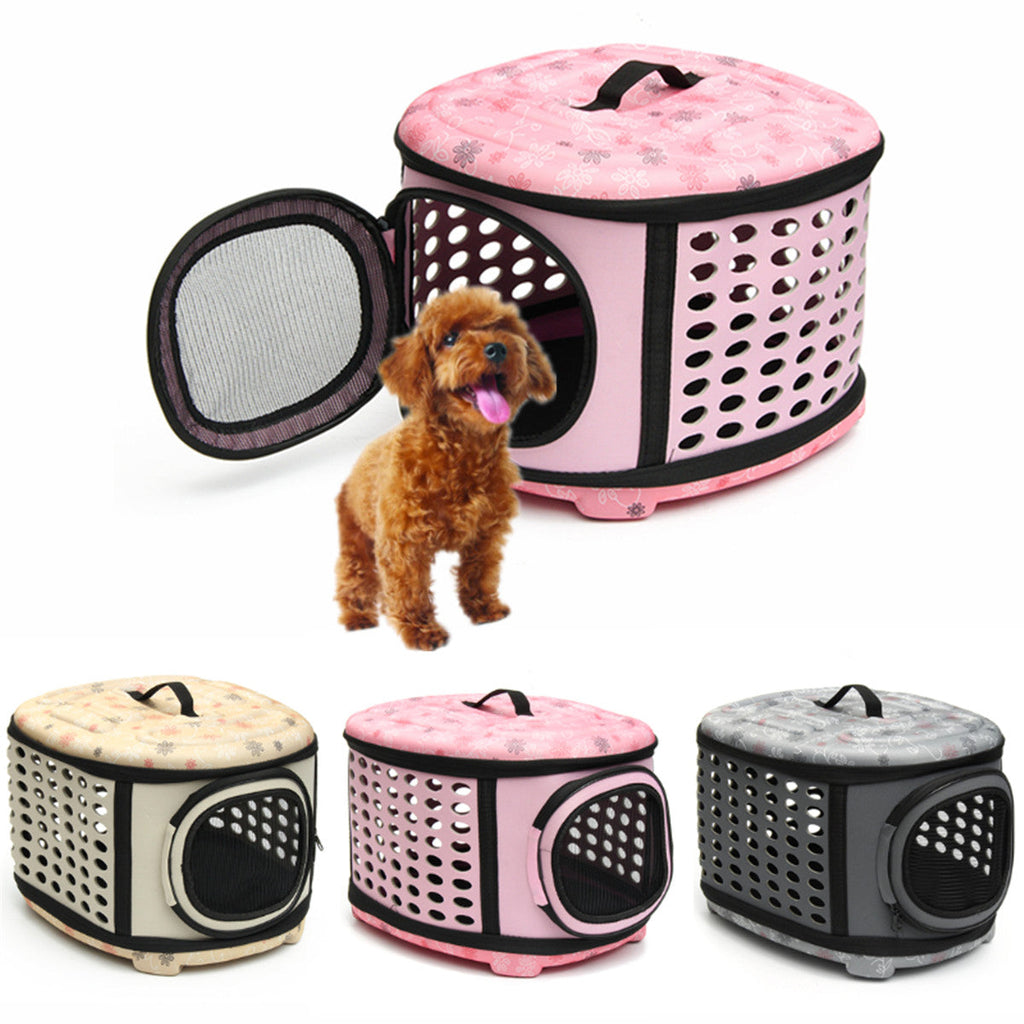 Pink pet carrier with a dog peeking out, surrounded by other carriers on a white background