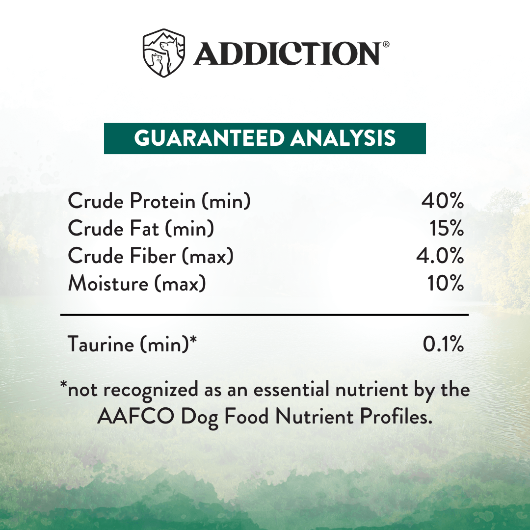 Nutritional label for a pet food product with guaranteed analysis details.