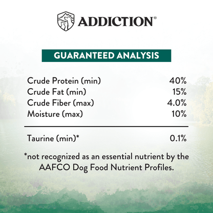 Nutritional label for a pet food product with guaranteed analysis details.