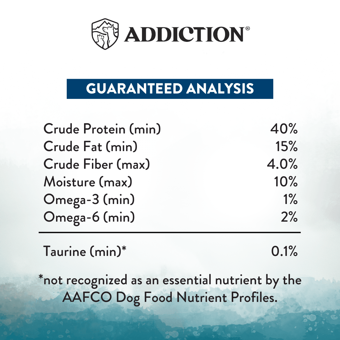 Nutritional analysis chart for a product labeled 'Addiction' with guaranteed analysis details.