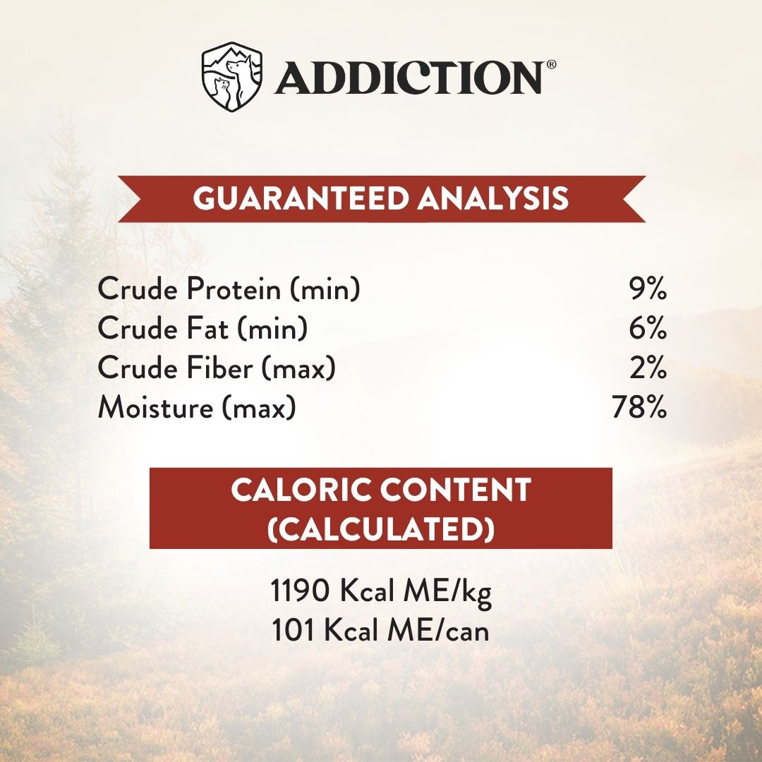Nutritional analysis chart for a product labeled 'Addiction' with guaranteed analysis and caloric content.
