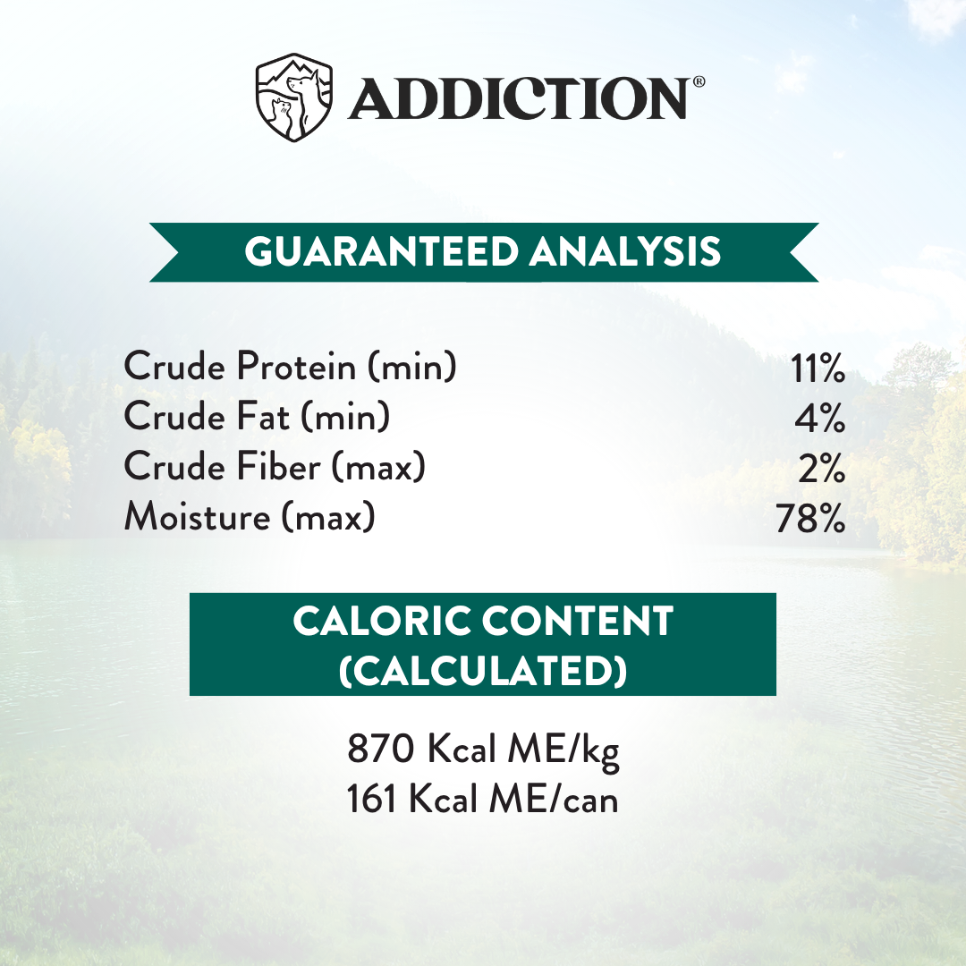 Nutritional analysis label for a product with 'Addiction' branding on a blurred natural background.