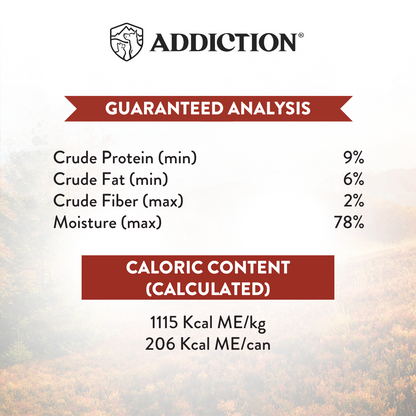 Nutritional label for a product with 'Addiction' branding on a blurred natural background.