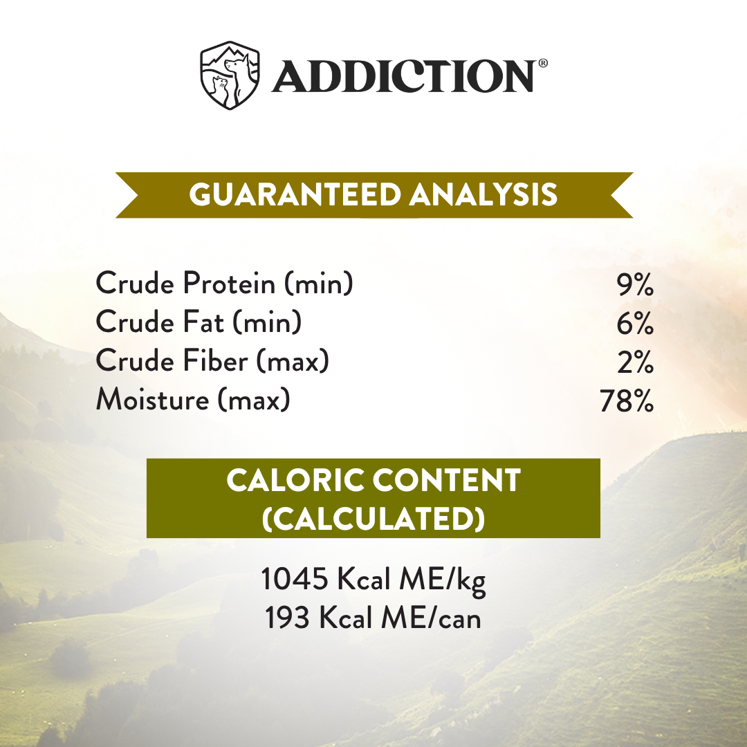 Product label with guaranteed analysis and caloric content on a blurred natural background