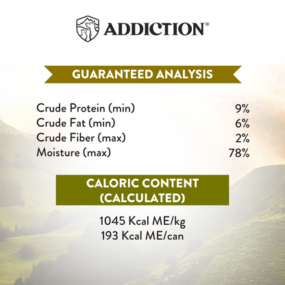 Product label with guaranteed analysis and caloric content on a blurred natural background