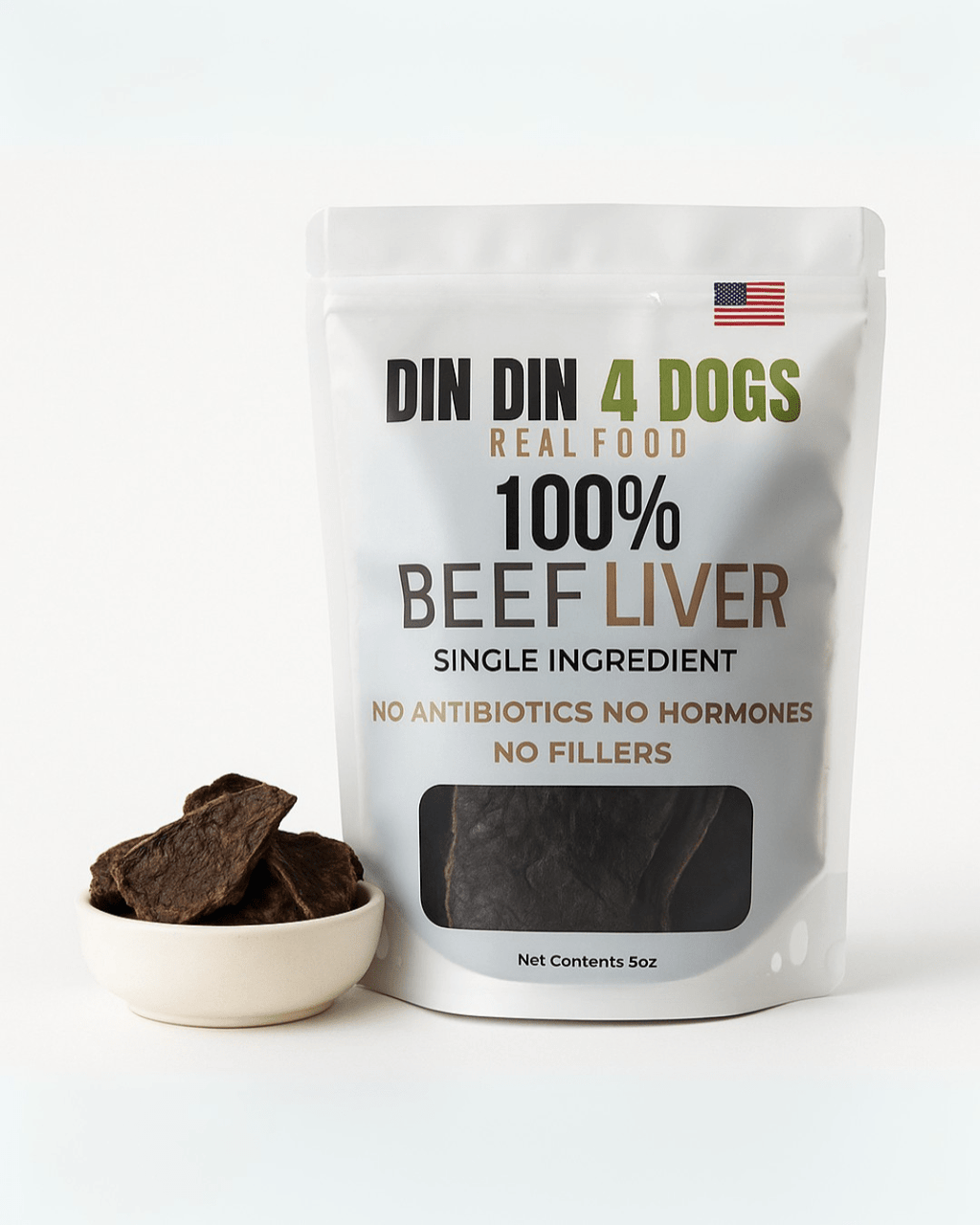 Package of DIN DIN 4 DOGS 100% Beef Liver dog food with a small bowl of liver pieces on a white background
