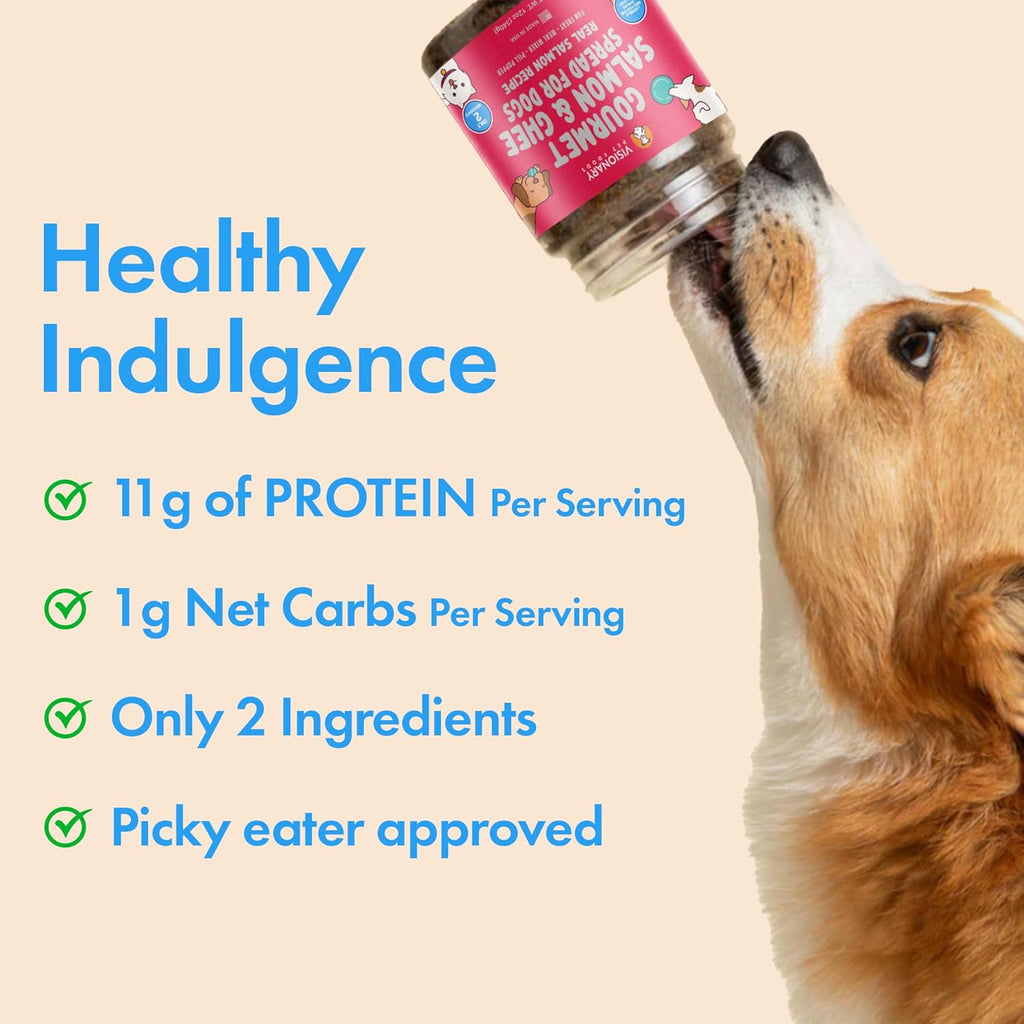 Dog drinking from a jar with text about healthy indulgence, protein, carbs, and ingredients.