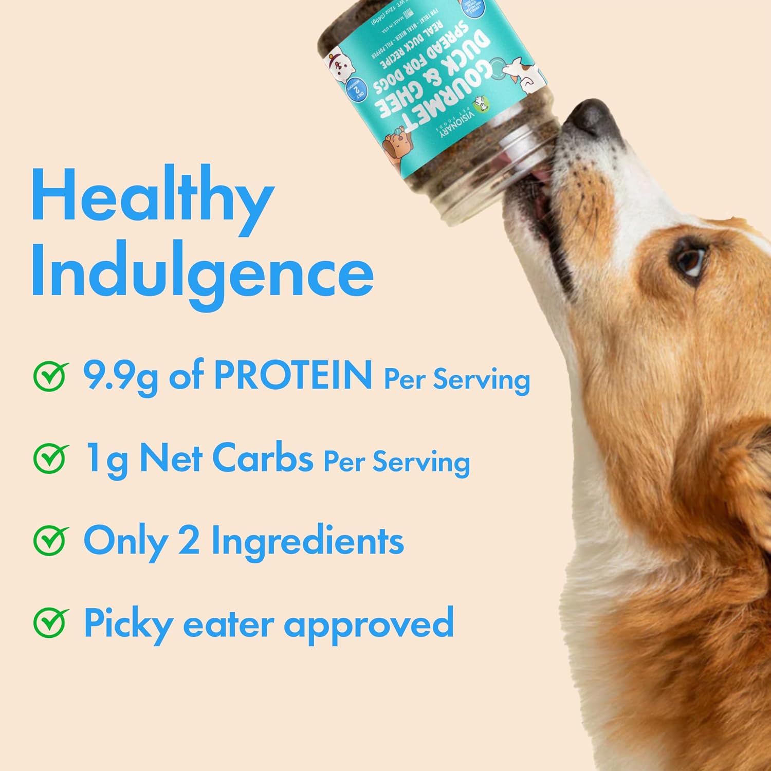 Dog drinking from a jar with health benefits text on a beige background