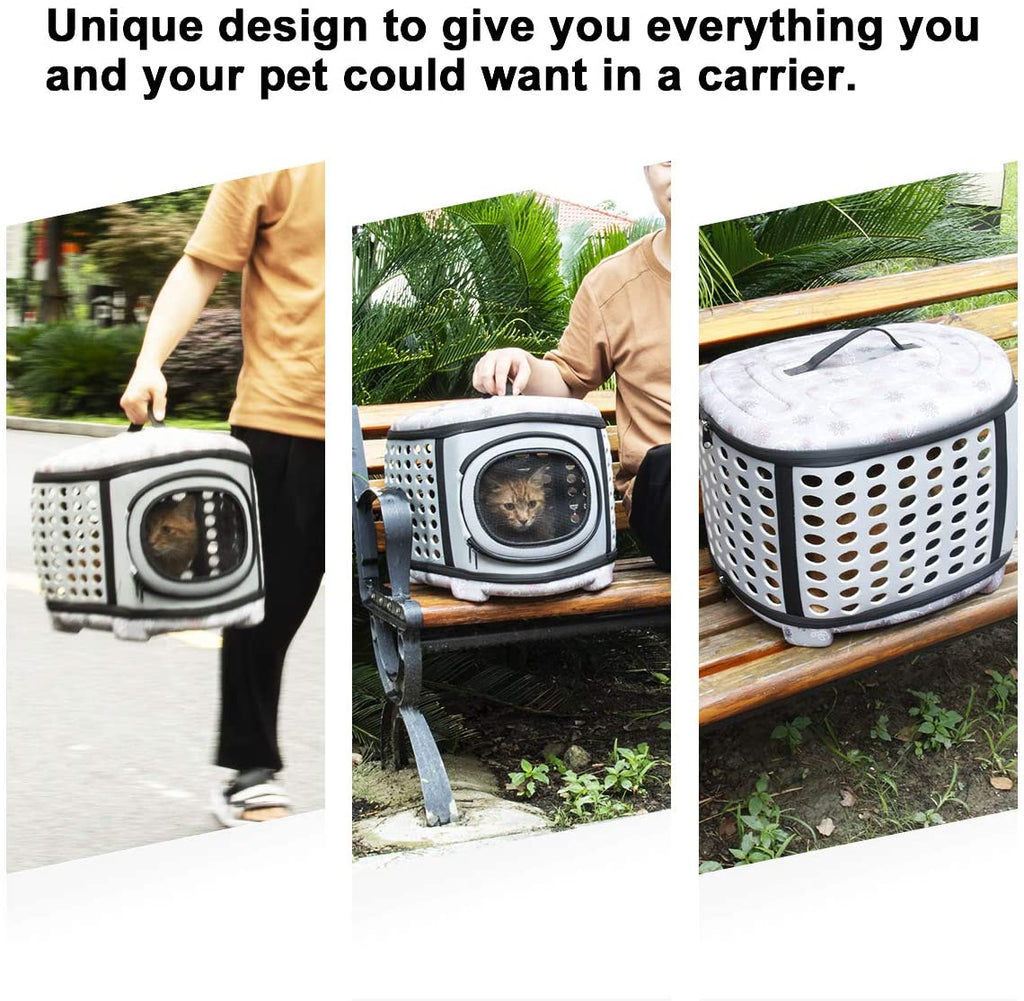 Pet carrier being used outdoors with text highlighting its design.
