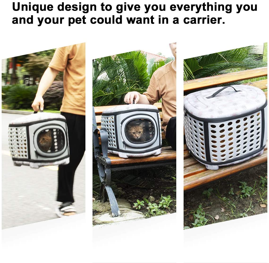 Pet carrier being used outdoors with text highlighting its design.
