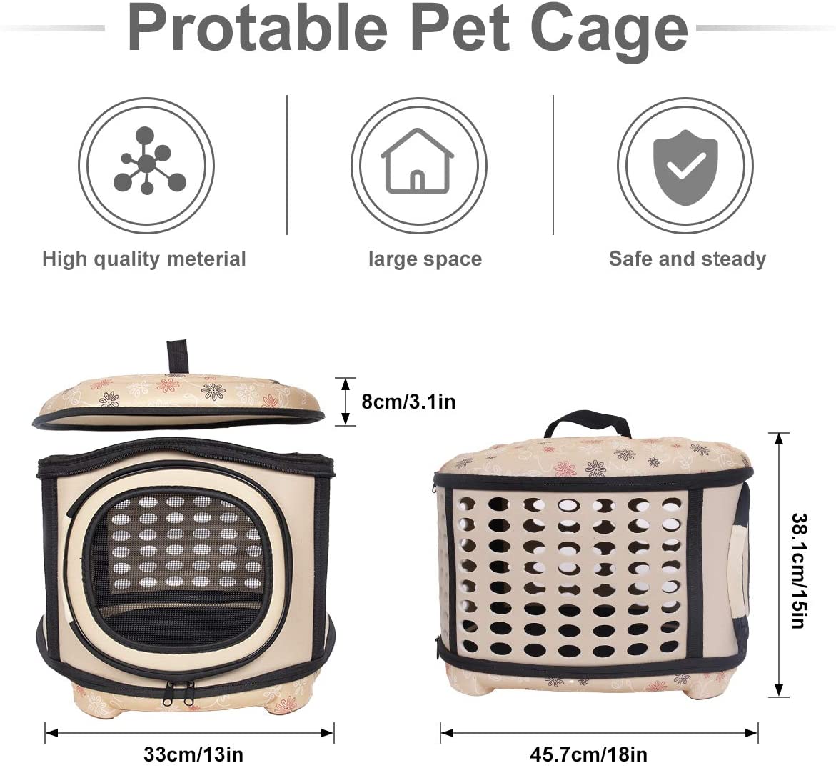 Portable pet cage with dimensions and features listed on a white background