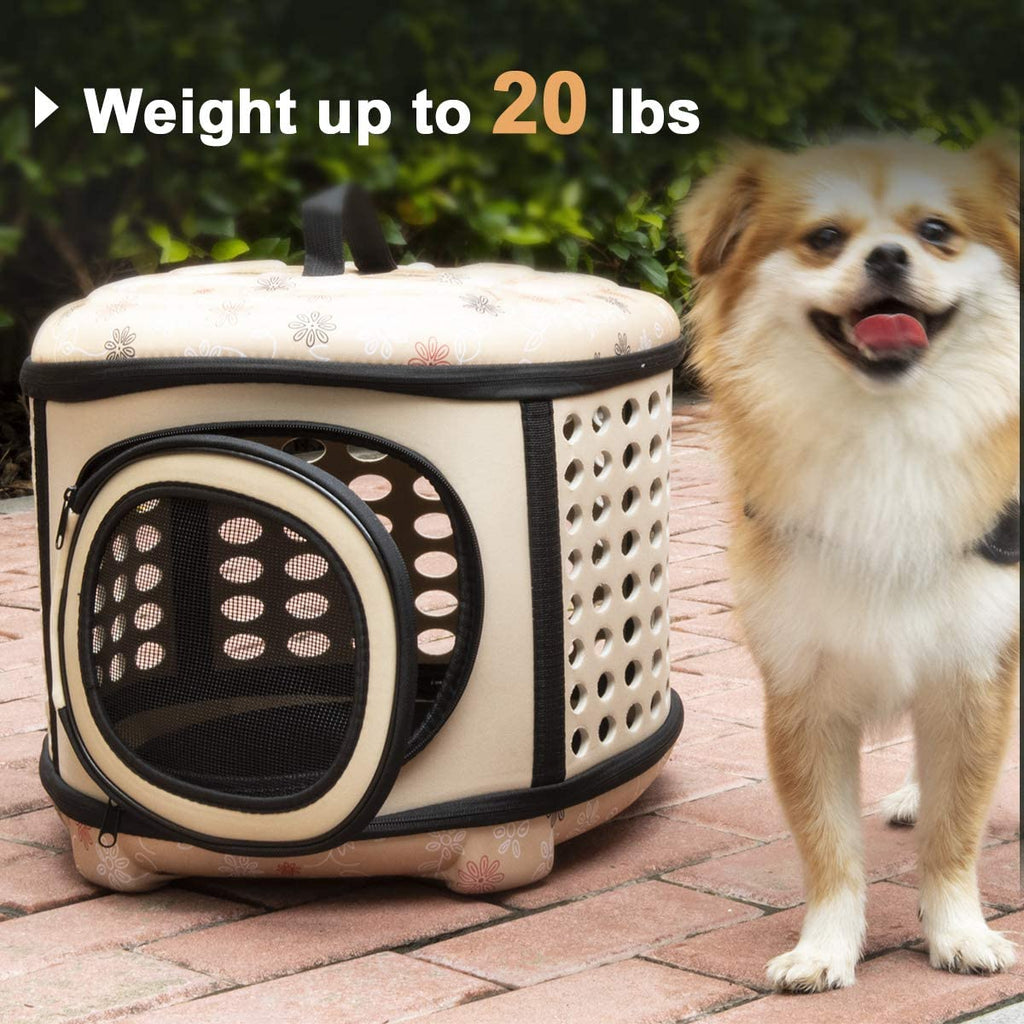 Pet carrier for small dogs with a dog standing next to it on a brick path.