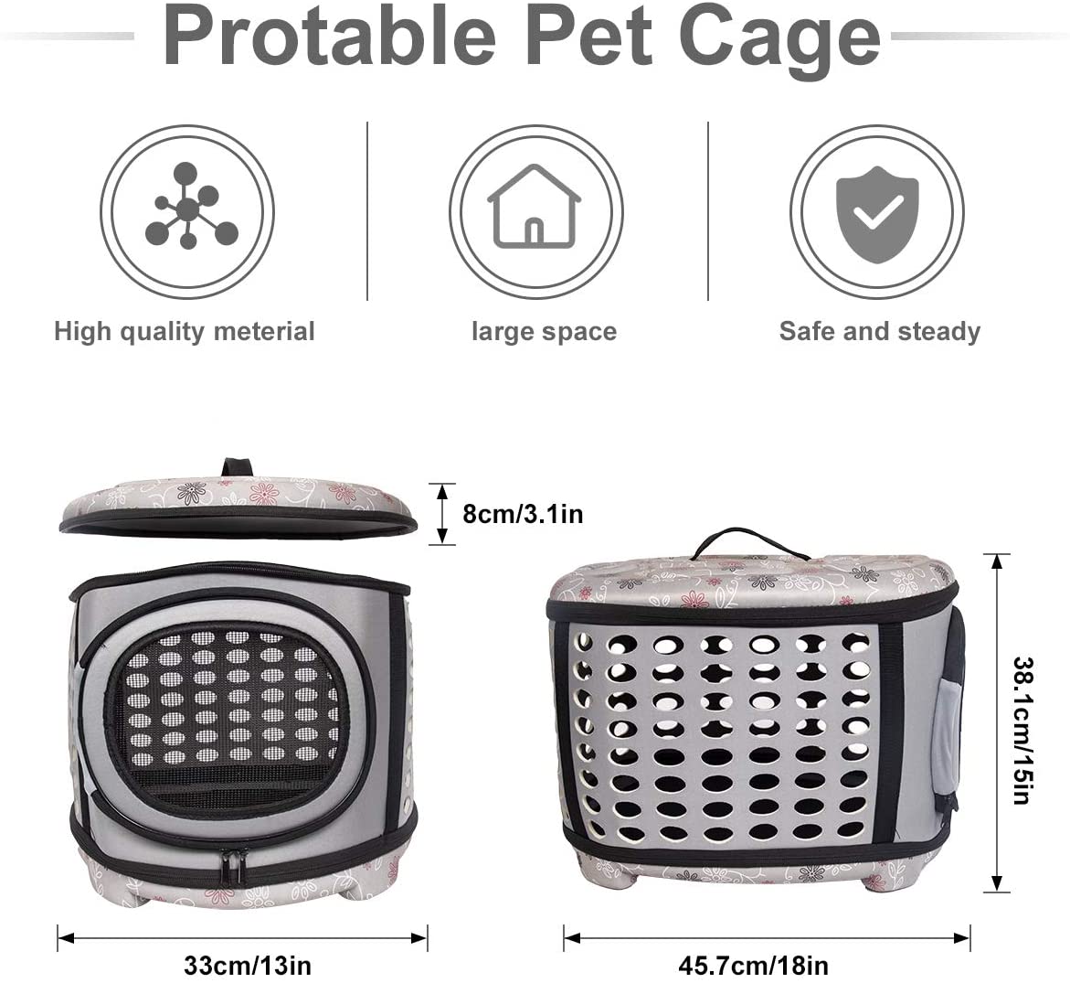 Portable pet cage with features and dimensions on a white background