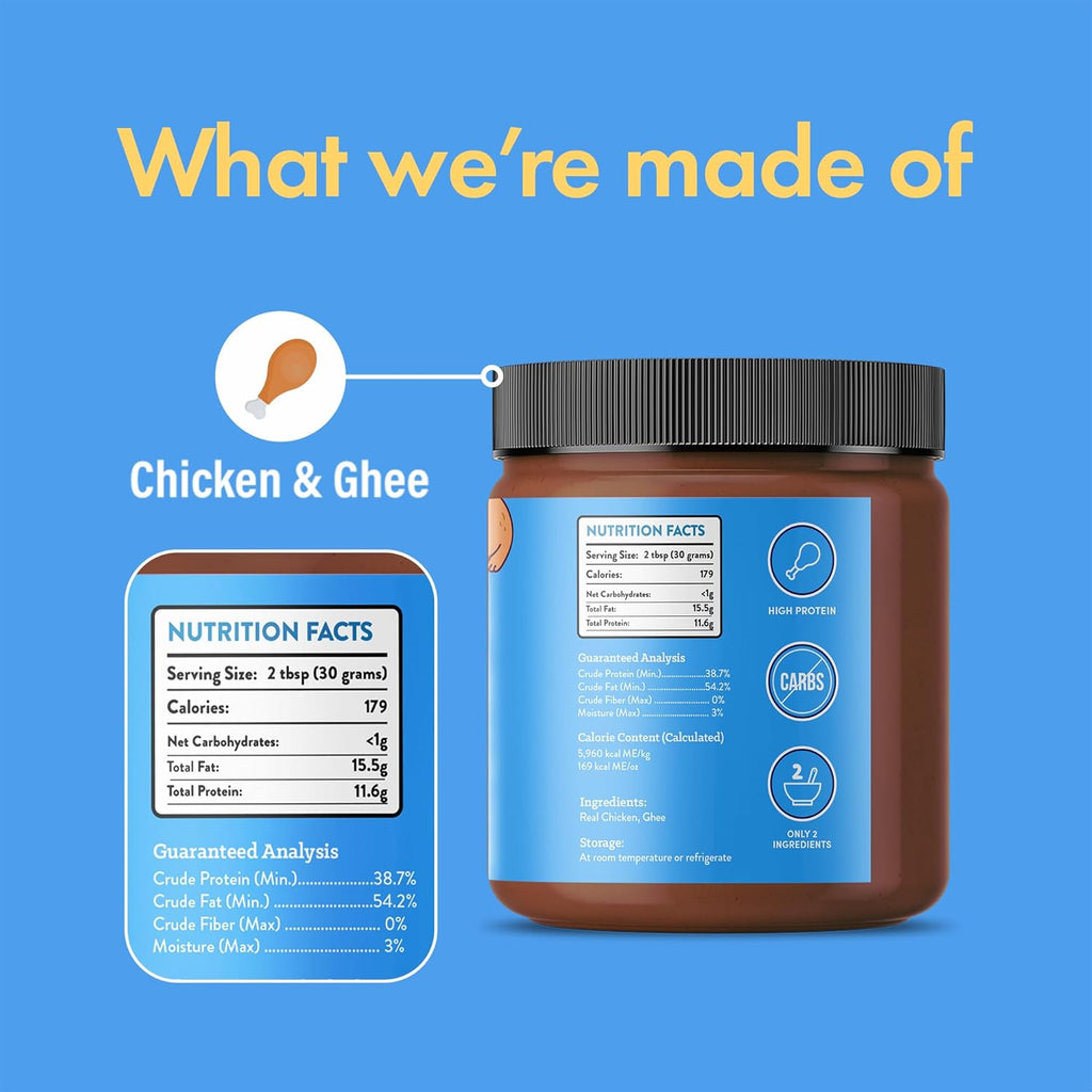 Container with nutritional information on a blue background, featuring chicken and ghee.