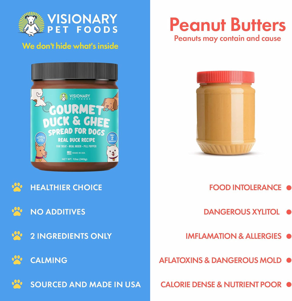Visionary Pet Foods product with peanut butter jar on a blue and white background