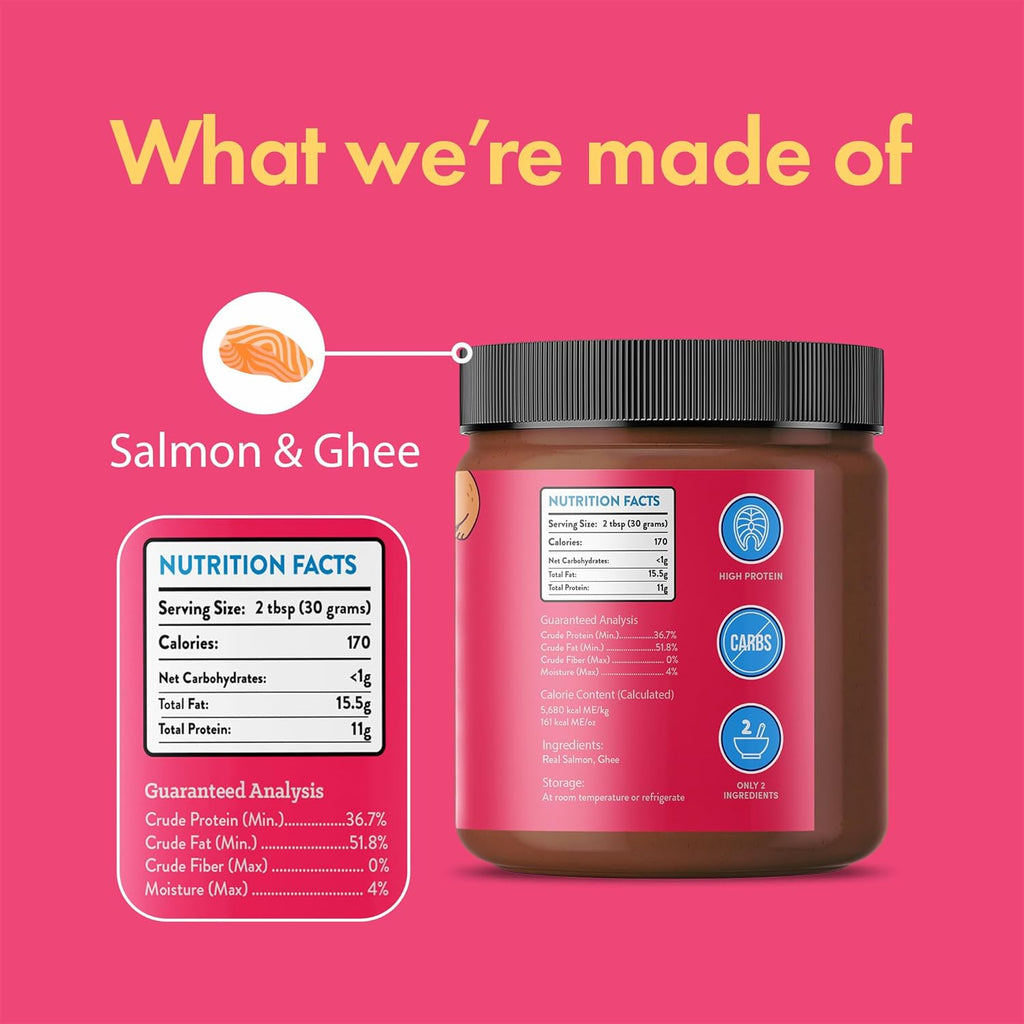 Nutritional information of a product with salmon and ghee on a pink background