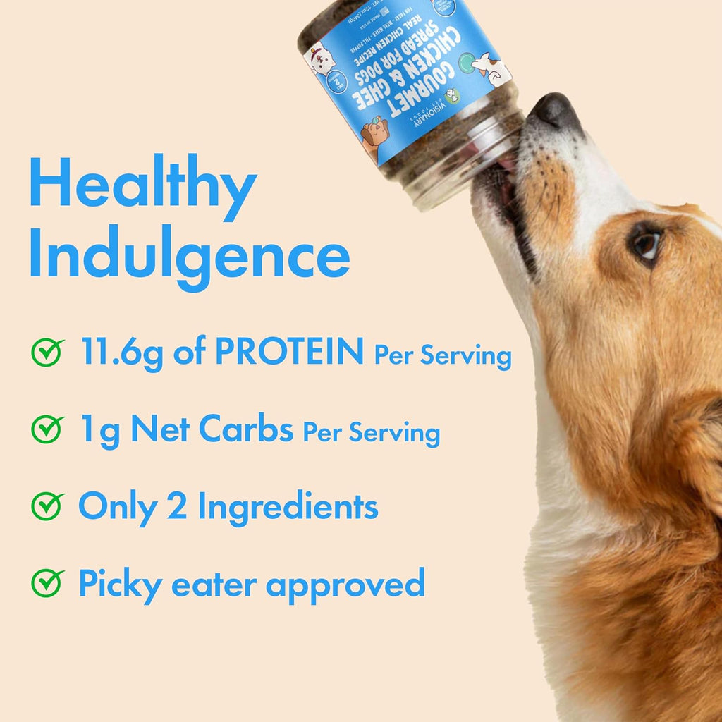 Dog drinking from a jar labeled 'Healthy Indulgence' with nutritional information displayed.